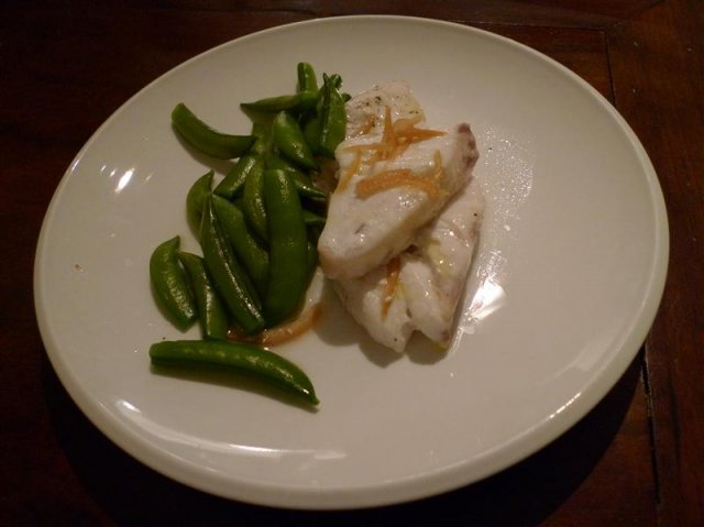 Steamed Bass Grouper with sugar snap peas and preserved lemon